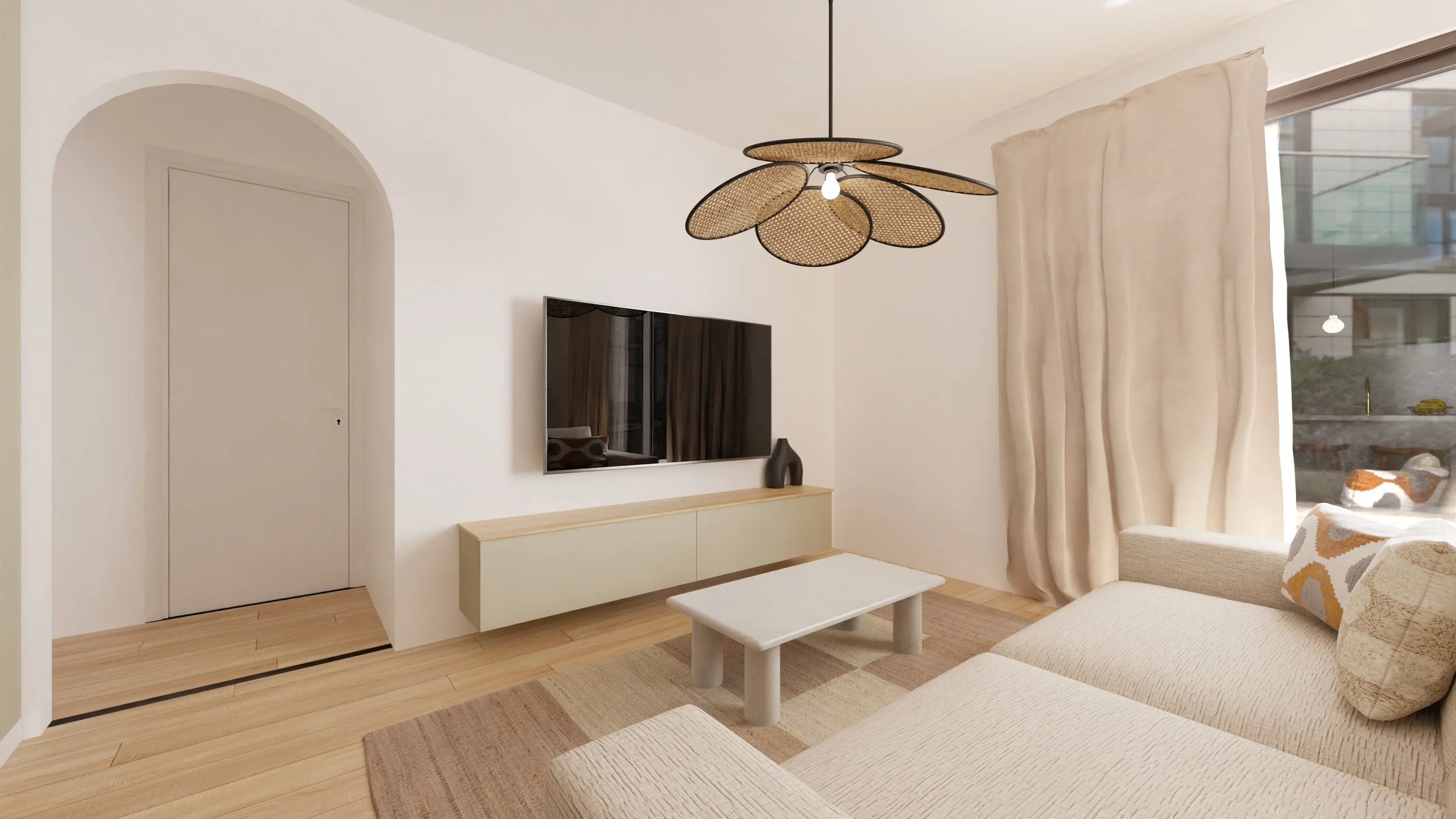 Rénovation haut de gamme d'un appartement à Valdahon avec salon moderne avec un canapé beige, une table basse en pierre, une télévision murale, des rideaux beige et une suspension design. Agencement sur mesure.