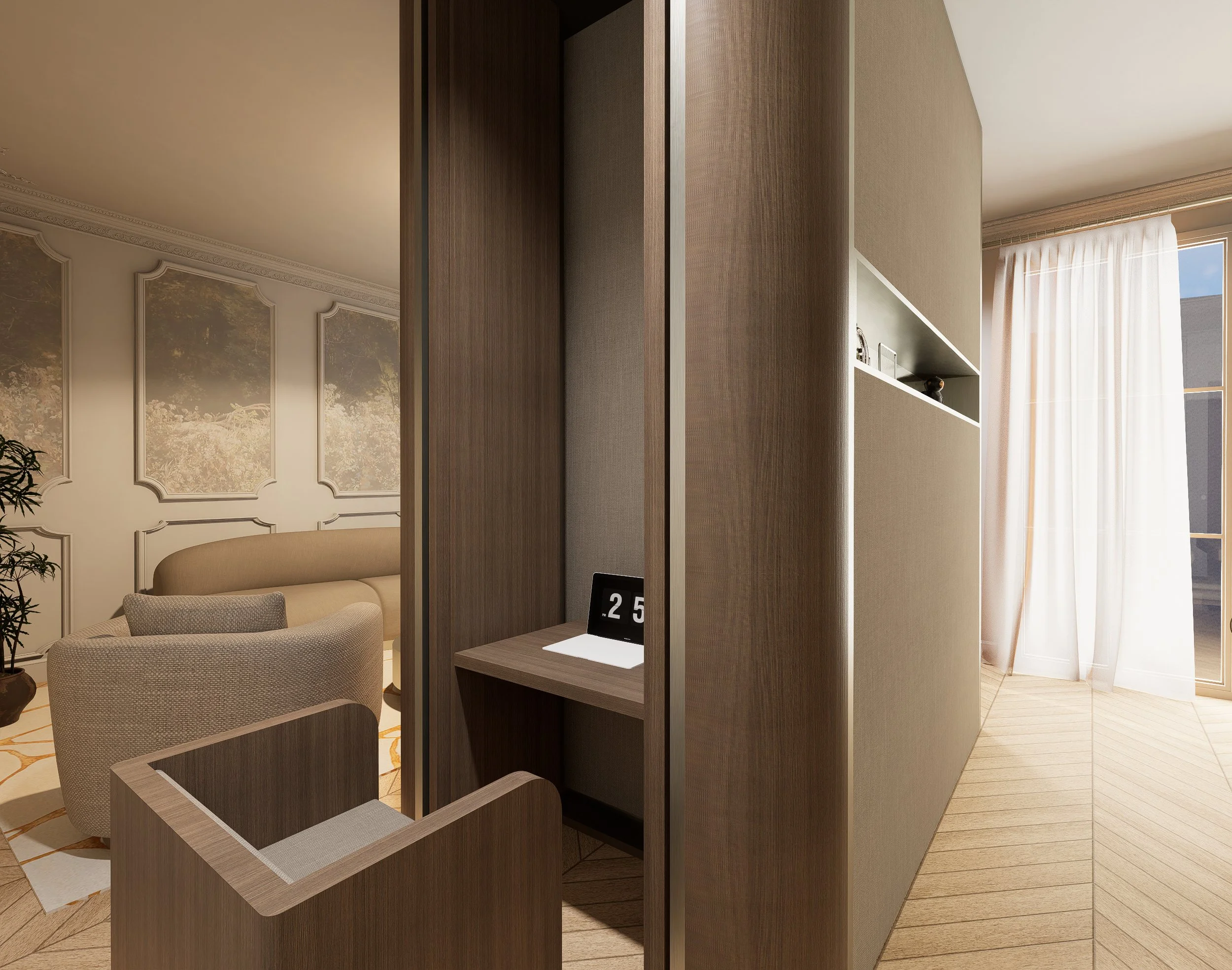 Intérieur moderne haut de gamme avec un mur en bois et un diviseur en tissu, grande fenêtre avec rideaux, table avec vases et décoration, et suspension lumineuse prouche au plafond en collaboration avec Perene
