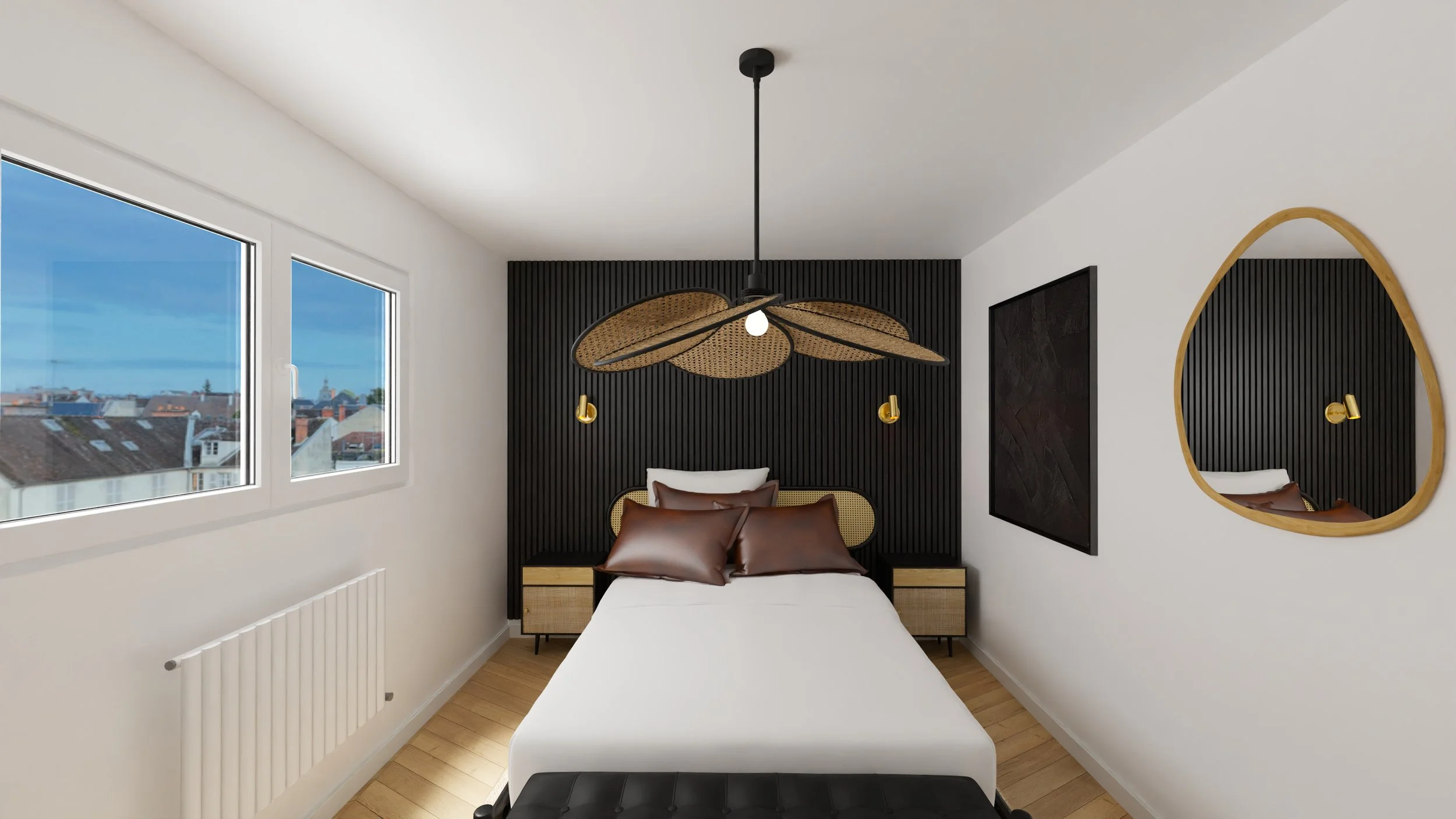 Rénovation haut de gamme d'un appartement avec chambre moderne avec lit blanc, tête de lit en bois et noir, lampe suspendue en rotin au plafond, mur blanc avec deux fenêtres laissant entrer la lumière. Agencement sur mesures