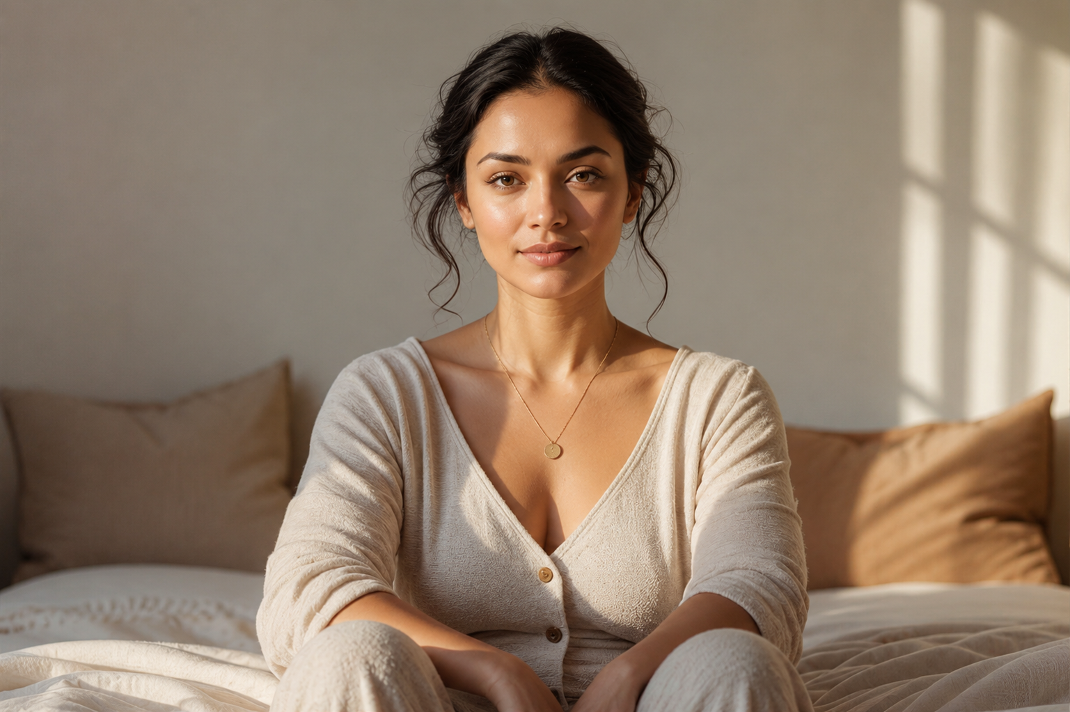 A serene woman sitting peacefully, representing the calm of setting boundaries and practicing self-care at Made Whole Counseling.