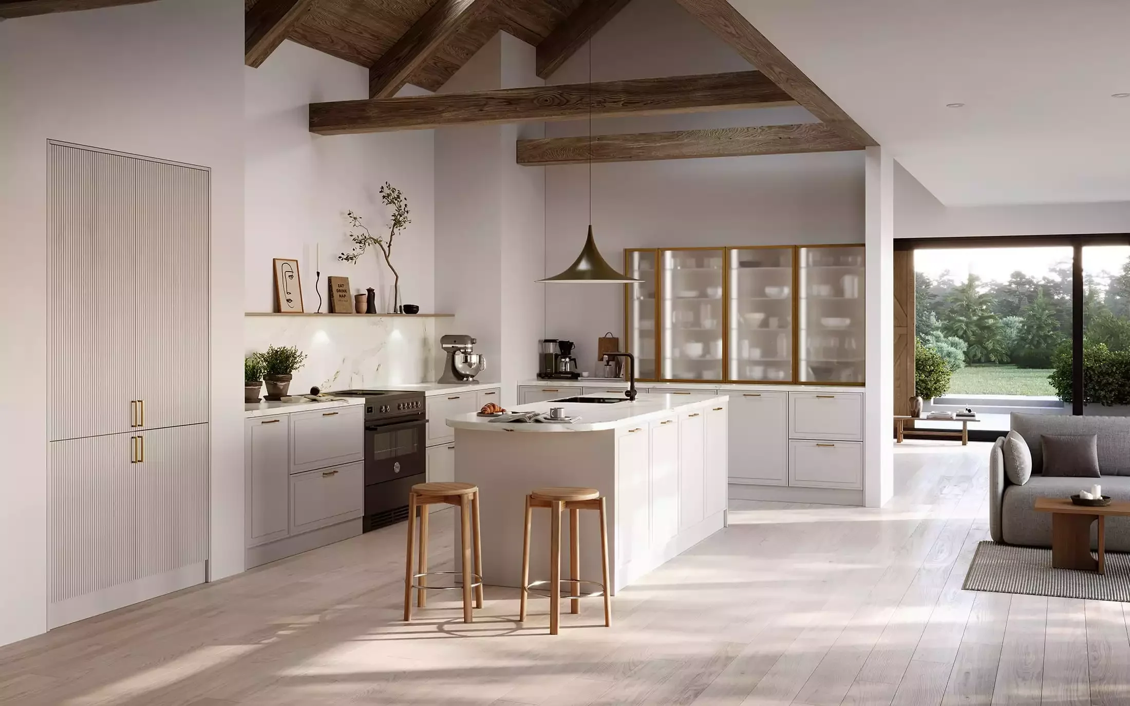 Modern kitchen with white cabinetry, a marble backsplash, wooden accents, and a view of a backyard through large windows.