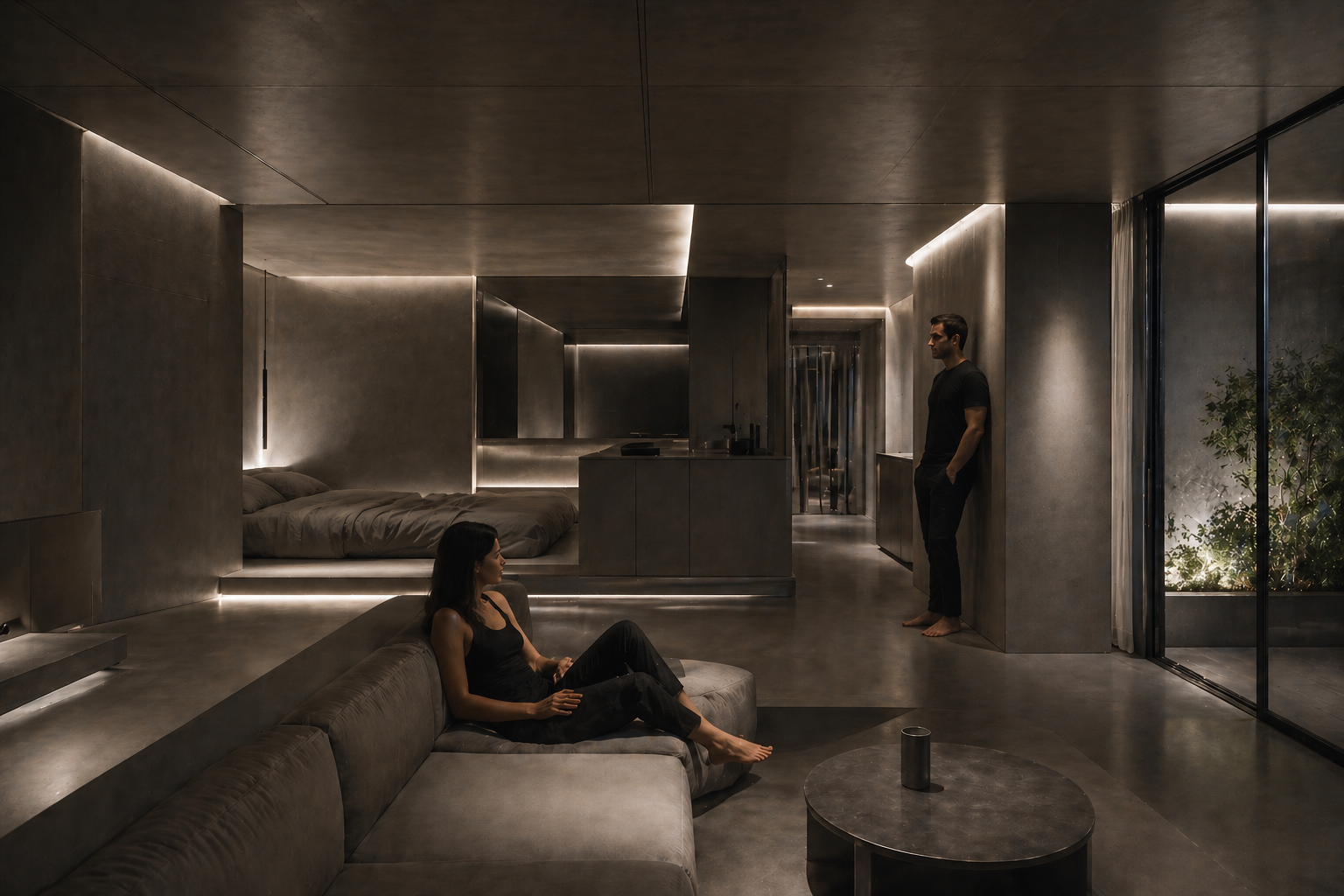 Speculative BERGHEIM residence interior showing a dimly lit luxury bedroom with concrete surfaces, smoked glass, and two residents in black.