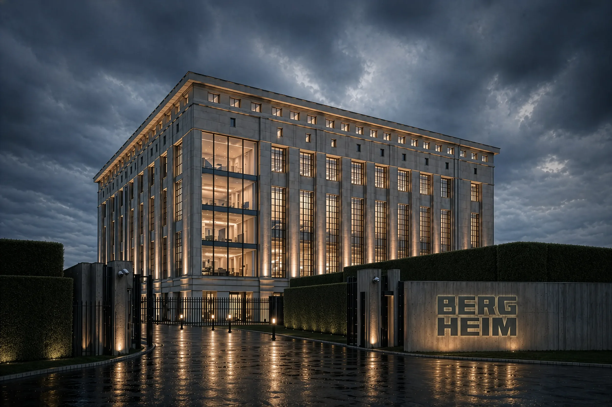 Exterior rendering of BERGHEIM, a fictional gated luxury residence in Berlin inspired by brutalist club architecture and exclusive nightlife culture.