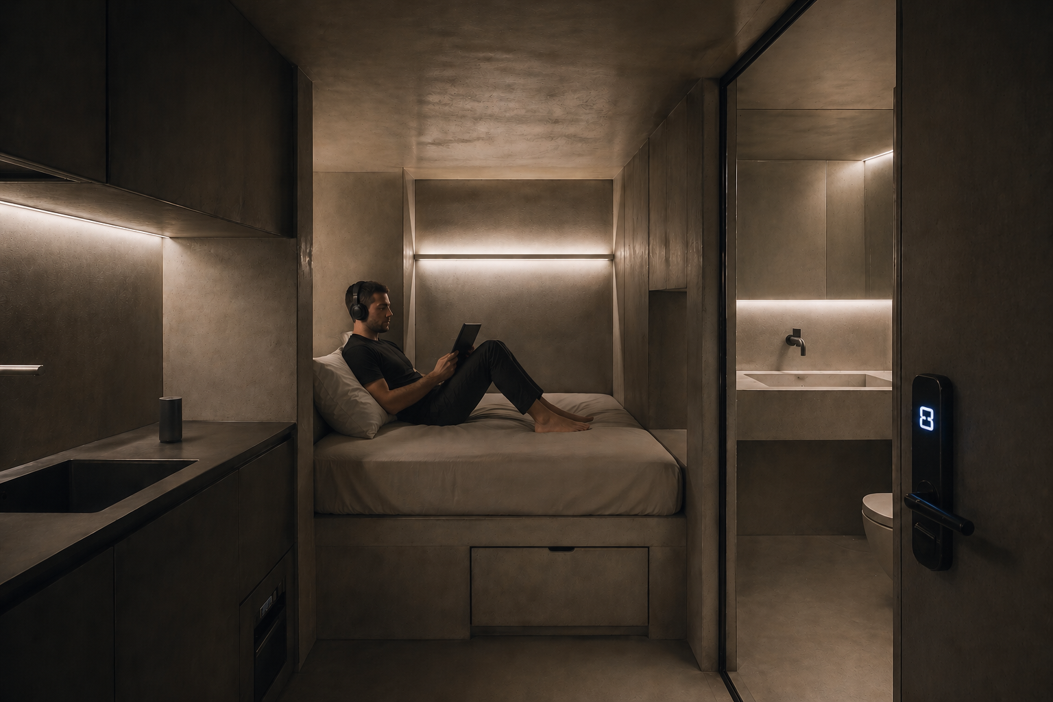 Fictional BERGHEIM private residence interior with concrete walls, compact luxury living, integrated kitchenette, and minimalist Berlin apartment atmosphere.