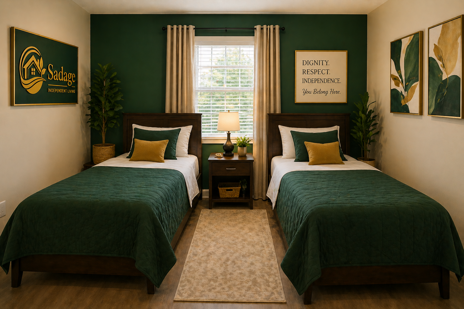 A bedroom with two beds featuring dark wood headboards, green bedspreads, and pillows in green, white, and tan. A nightstand with a lamp and a small plant is between the beds. The wall behind the beds is green, and the other walls are white, decorated with framed artwork and signs with positive messages. There are two tall potted plants on either side of the beds, beige curtains, and a window with blinds in the center.