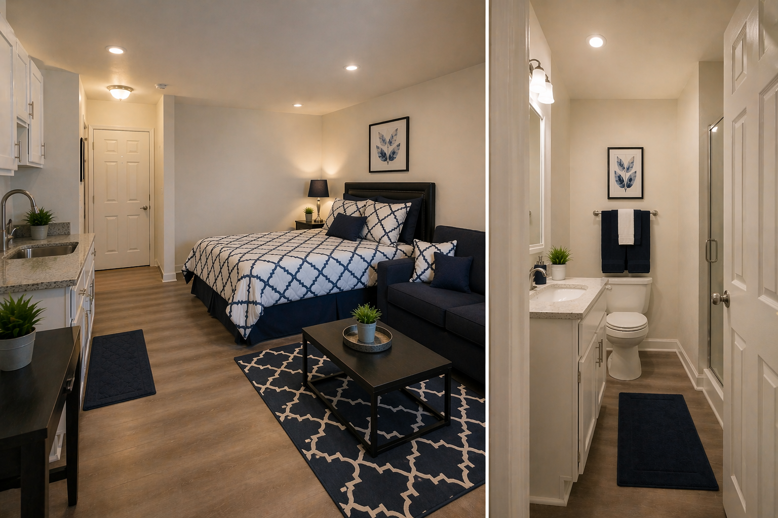 A compact studio apartment with a combined bedroom and bathroom area. The bedroom has a bed with blue and white patterned bedding, a blue sofa with pillows, a black coffee table, and a kitchen area with white cabinets and a small sink. The bathroom, visible through a doorway, features a toilet, a small vanity with a plant, and a bathroom mirror and lighting. Both areas have wood flooring and coordinating blue accents.