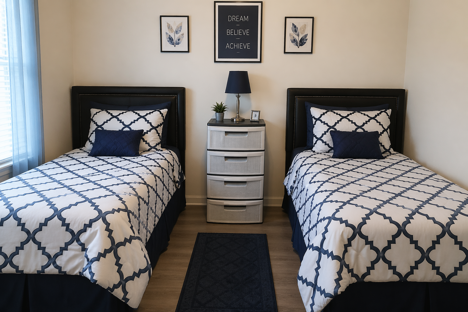Bedroom with two twin beds with blue and white patterned bedding, a white three-drawer dresser between them, decorated with a black lamp, potted plant, and picture frame, with three framed art prints above, one with inspirational quote.