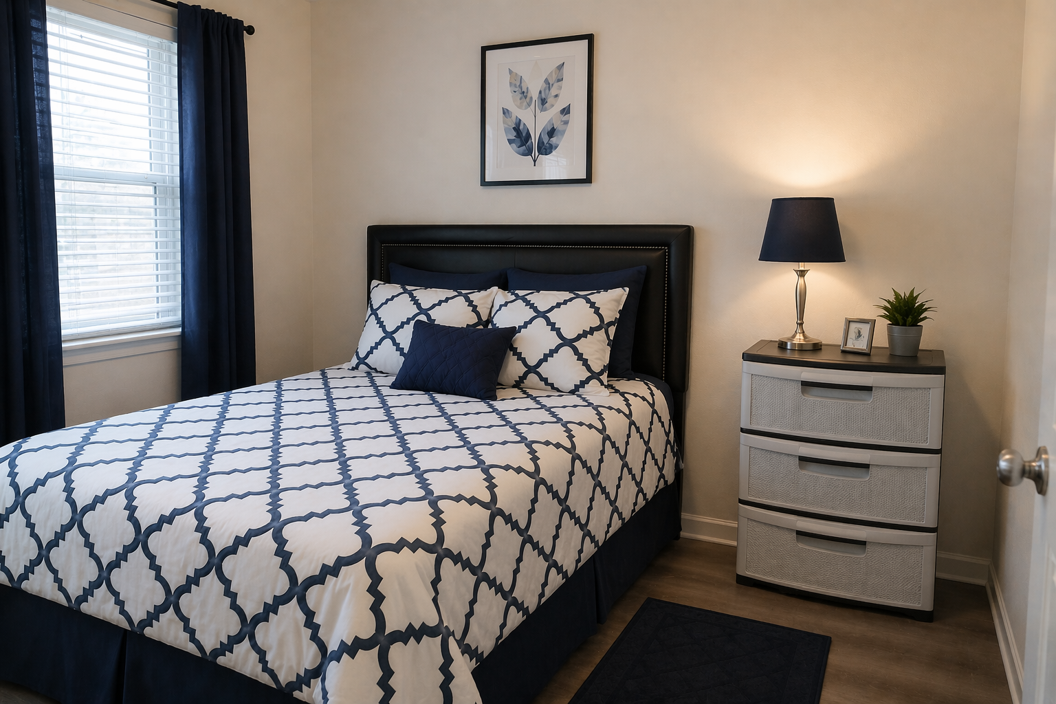 A bedroom with a bed featuring a white and navy blue patterned bedspread, blue pillows, a black upholstered headboard, a window with white blinds and navy blue curtains, a nightstand with a blue lampshade, a small picture frame, a potted plant, and a framed botanical print on the wall.