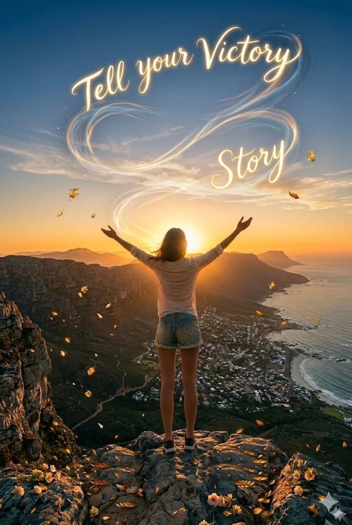Inspirational image of a woman standing on a mountain peak at sunset with her arms raised, looking over a coastal town. Glowing script text in the sky reads, "Tell your Victory Story."