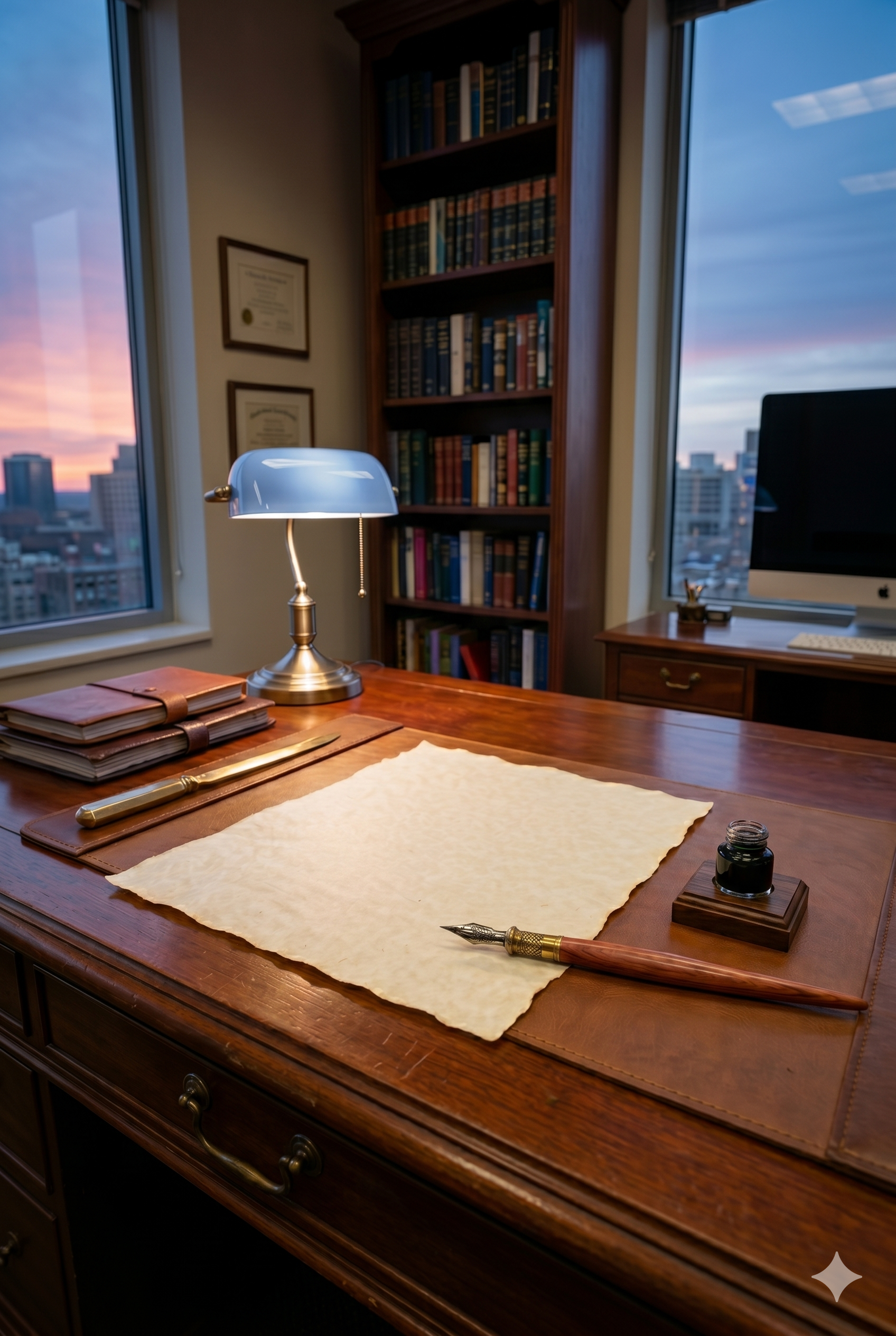 A professional therapy office study set for writing, featuring a desk with blank parchment, a pen, an inkwell, and a glowing banker's lamp against a city sunset.