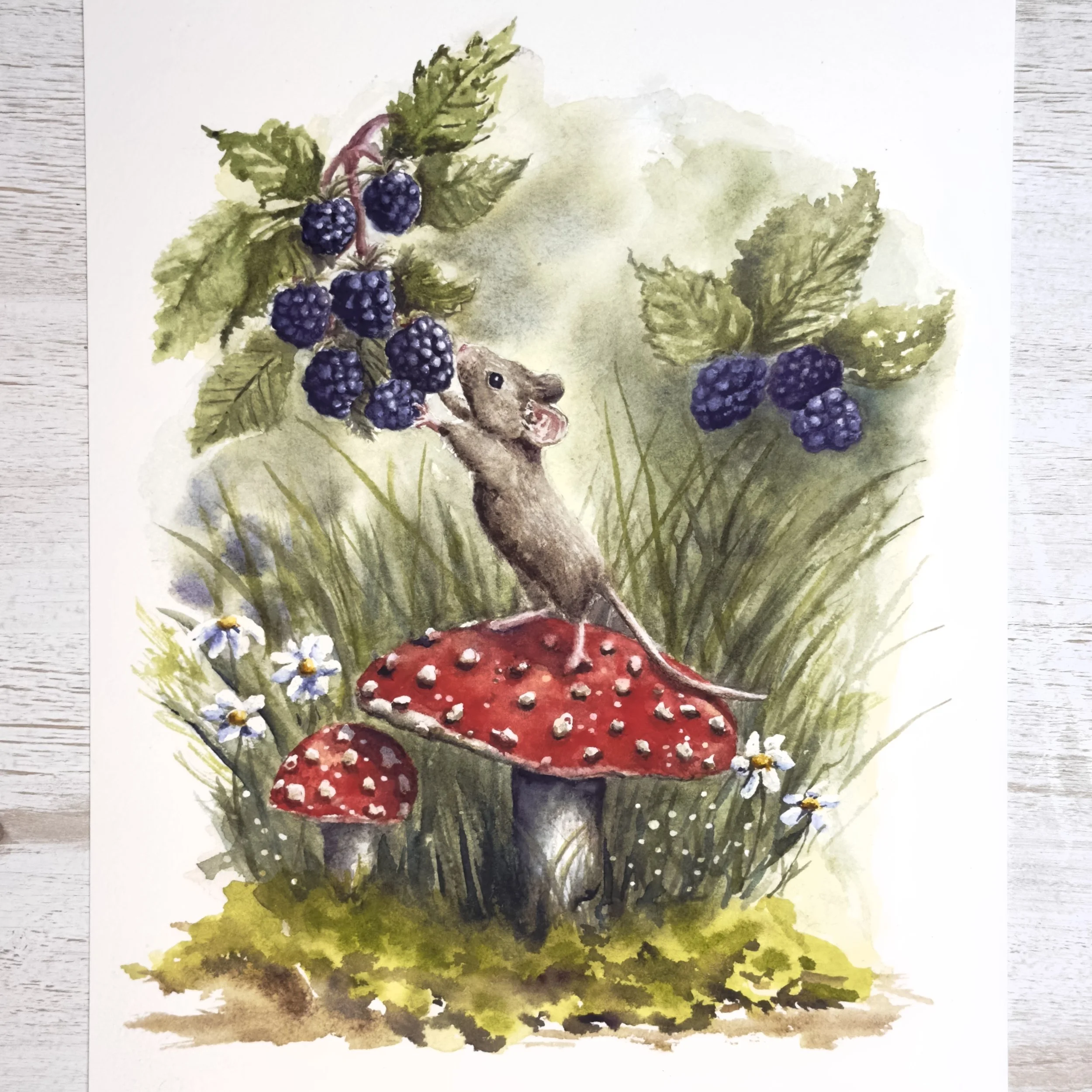 Woodland Mouse Blackberry Watercolor Print