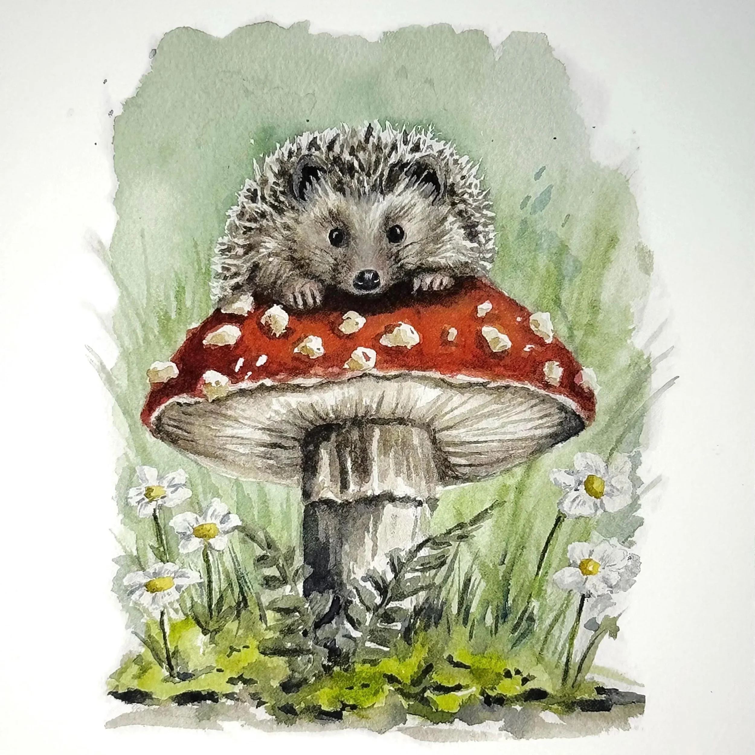 Hedgehog Watercolor Print | Woodland Mushroom Art