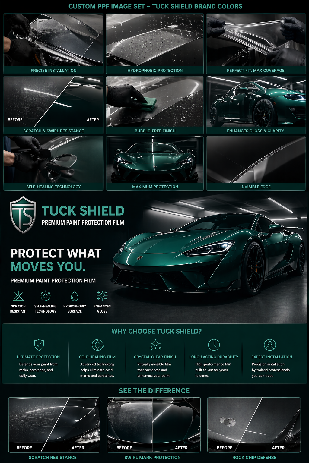 An infographic showcasing the features of Tuck Shield premium paint protection film. It highlights the application process, protective benefits, and visual results on a dark green sports car, including scratch resistance, self-healing technology, hydrophobic surface, gloss enhancement, maximum protection, and invisible edges.