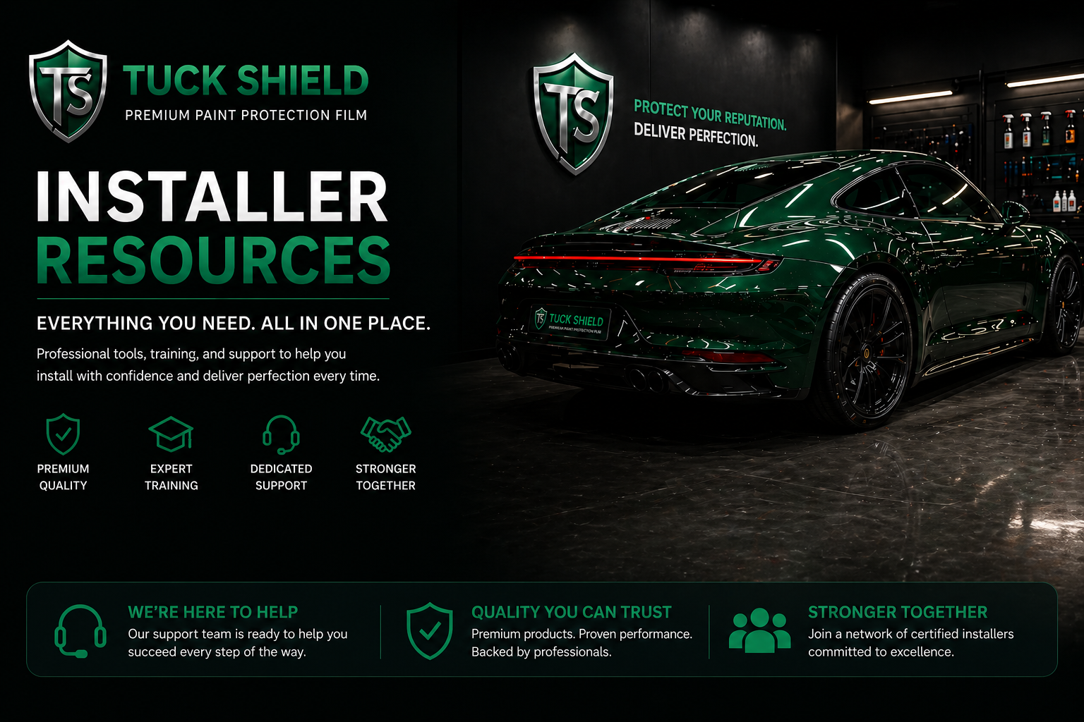 A promotional graphic for Tuck Shield, a premium paint protection film for cars. It features a dark green sports car inside a garage with the company's logo and branding. The graphic highlights installer resources, professional tools, training, support, and community for certified installers.