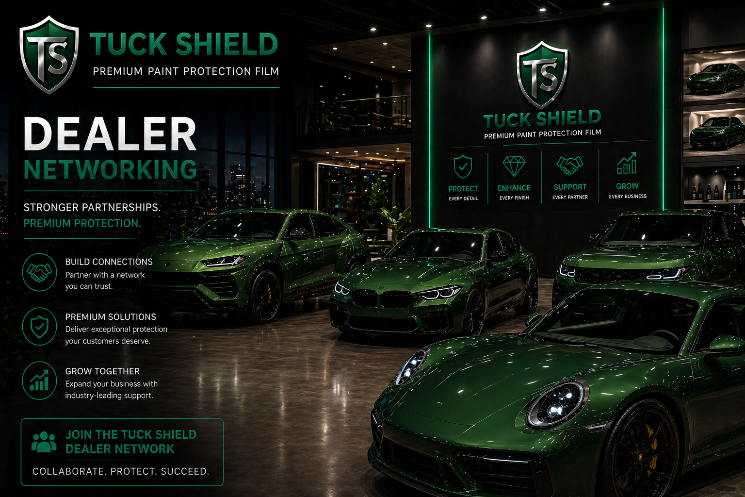 Indoor display of green luxury cars at a dealership featuring Tuck Shield premium paint protection film. Promotional poster highlights dealer networking benefits, including building connections, premium solutions, supporting partners, and business growth, with a city skyline visible through windows in the background.