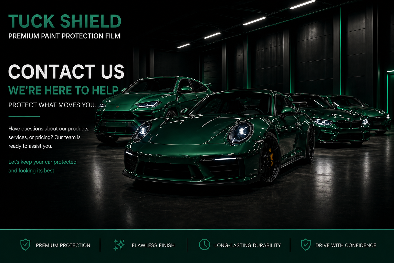 An advertisement for Tuck Shield premium paint protection film featuring a dark green sports car and other luxury cars in a garage or showroom.