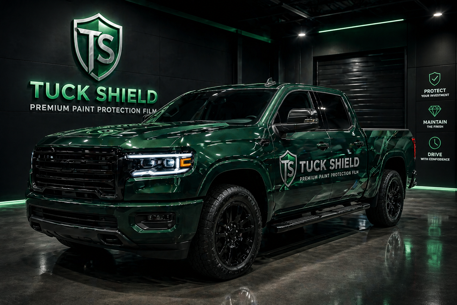 A green pickup truck with Tuck Shield branding and logo, parked indoors under professional lighting, promoting premium paint protection film.