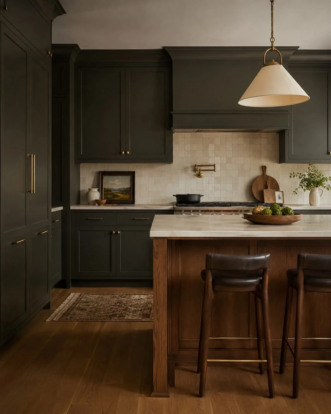 Moody kitchen with deep green cabinetry, warm wood island, brass hardware, and cream tile backsplash.