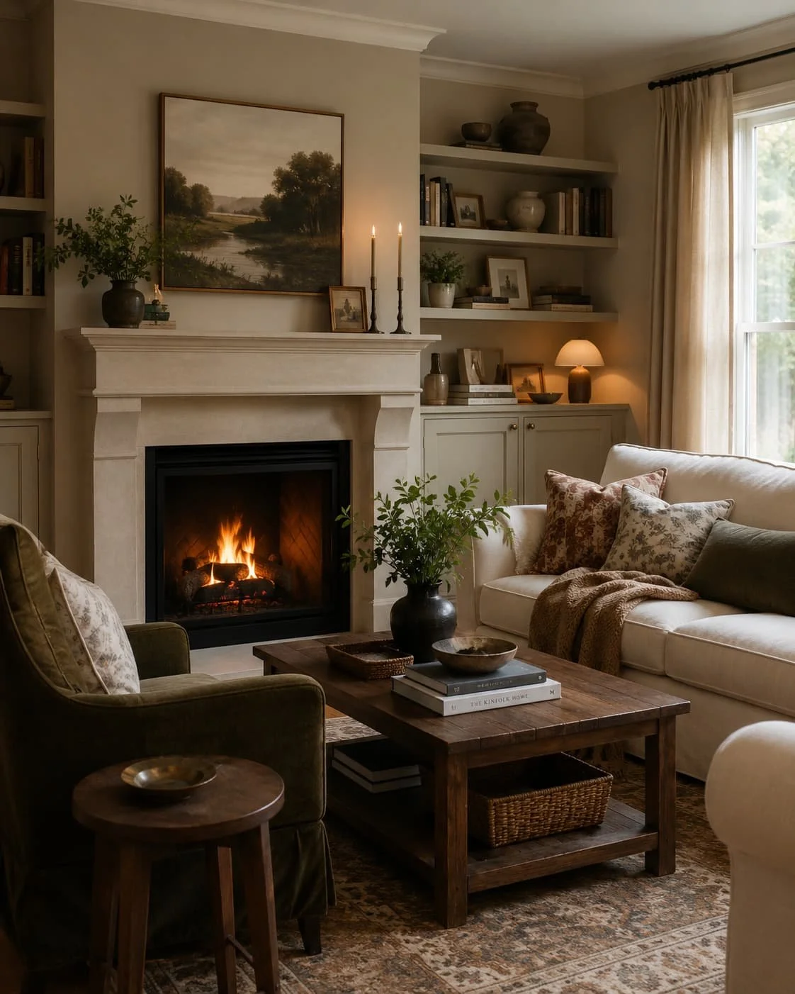Cozy living room with fireplace, built-in shelving, layered furniture, warm lighting, and collected decor.