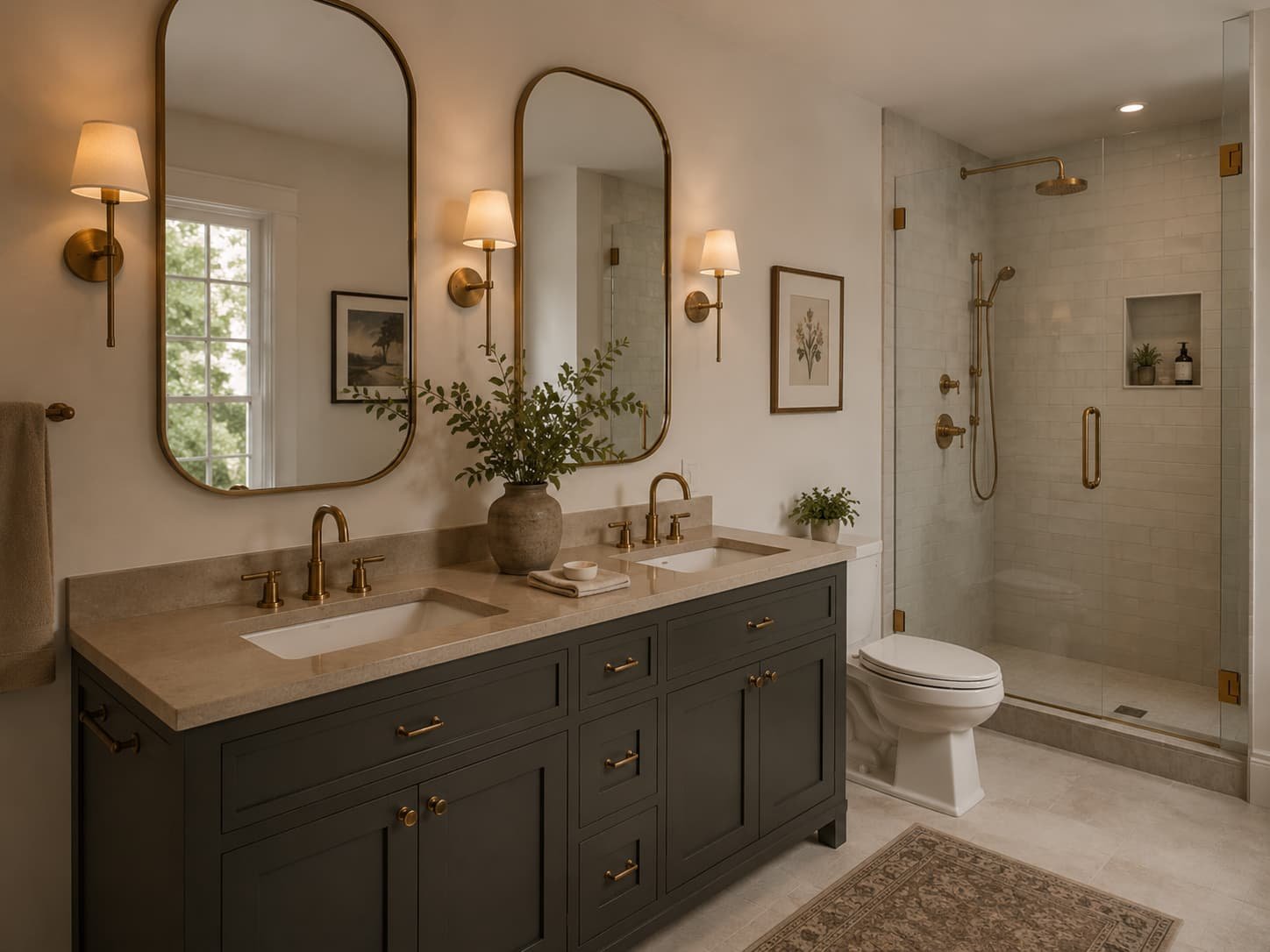 A modern bathroom with double vanity, gold fixtures, two mirrors, wall sconces, potted plants, framed artwork, and a glass-enclosed shower with gold hardware.