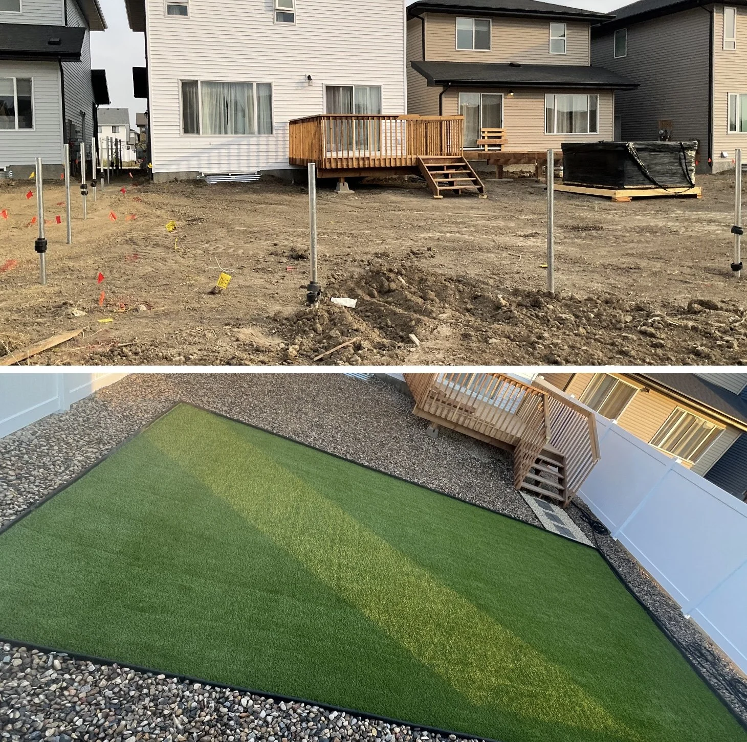 Comparison of backyard showing before and after landscaping: first image with bare dirt and construction markings, second image with a newly installed green artificial grass patch surrounded by gravel.