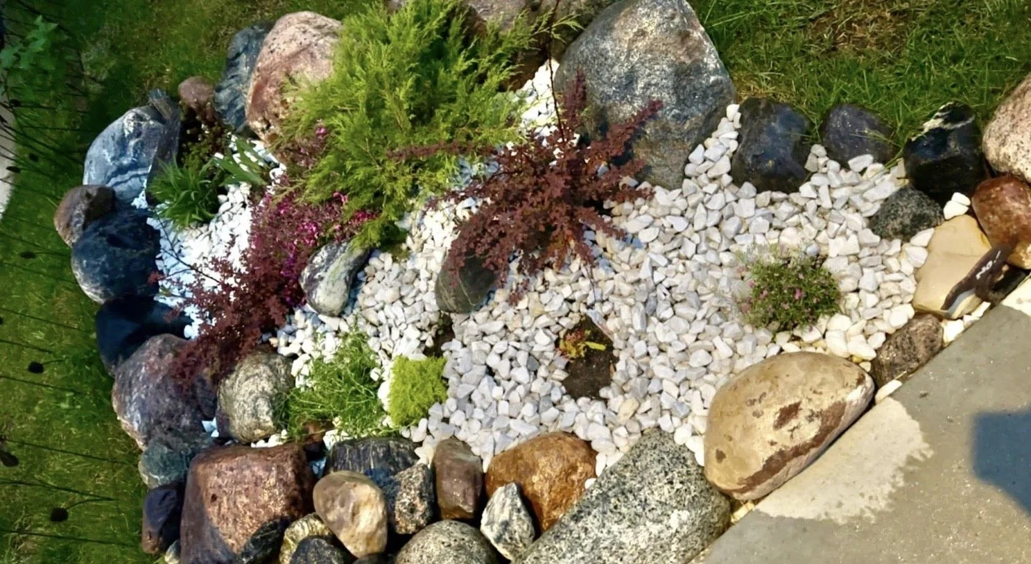 A small garden bed with decorative rocks and various plants, bordered by larger stones, with grass and pavement nearby.