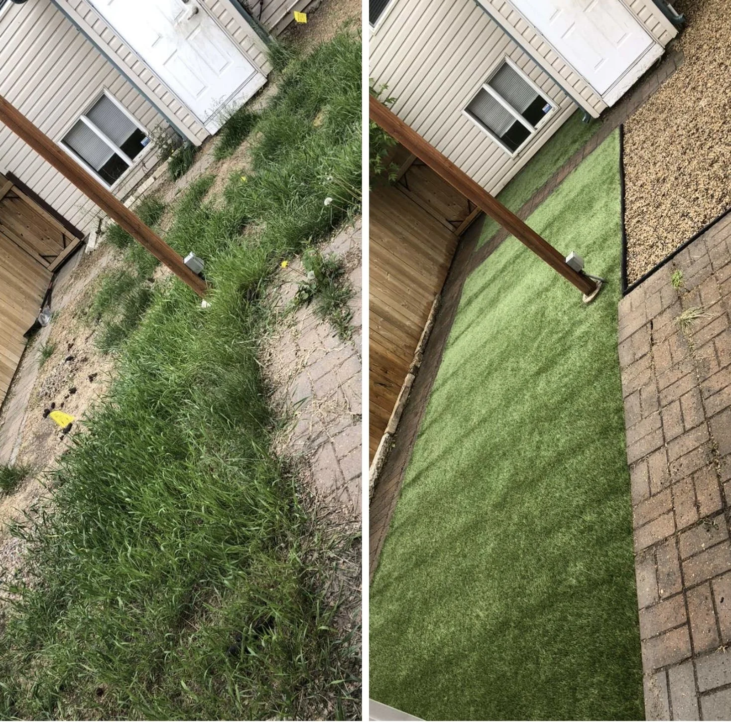 Comparison of an outdoor backyard area before and after landscaping. The left side shows overgrown grass and weeds, while the right side displays a neat, green artificial turf covering the yard, with a wooden fence and shed in the background.