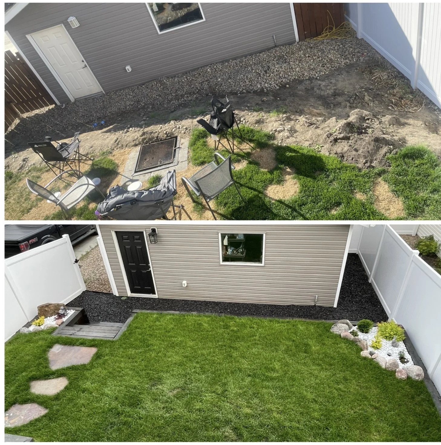 Comparison of a backyard before and after landscaping. The top shows an unkempt area with dirt, rocks, and sparse grass, while the bottom shows a finished yard with lush green grass, stepping stones, and decorative plants along the house.
