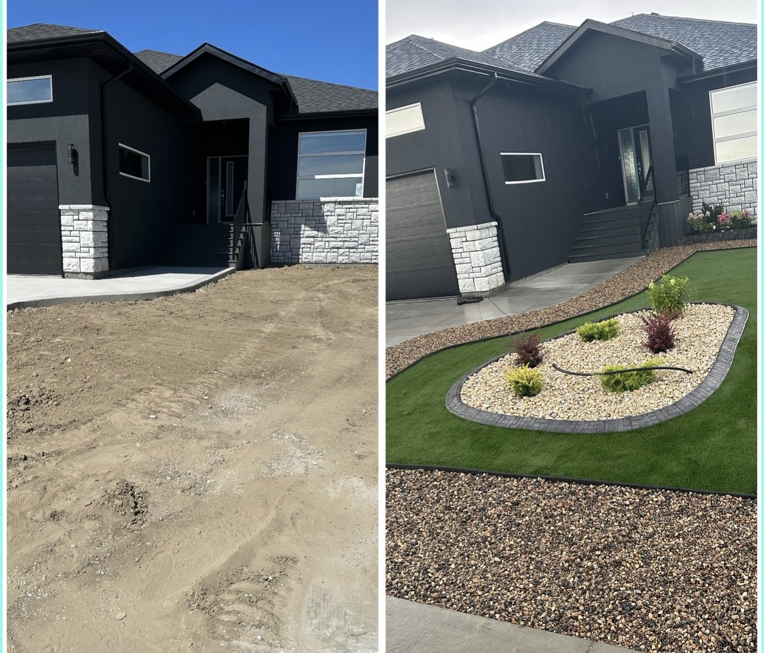 Before and after images of a house front yard transformation, showing the yard cleared of soil on the left and landscaped with grass, plants, and decorative rocks on the right.