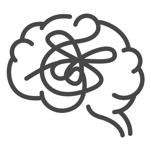 A line drawing of a human brain with tangled lines representing complex thoughts or confusion.
