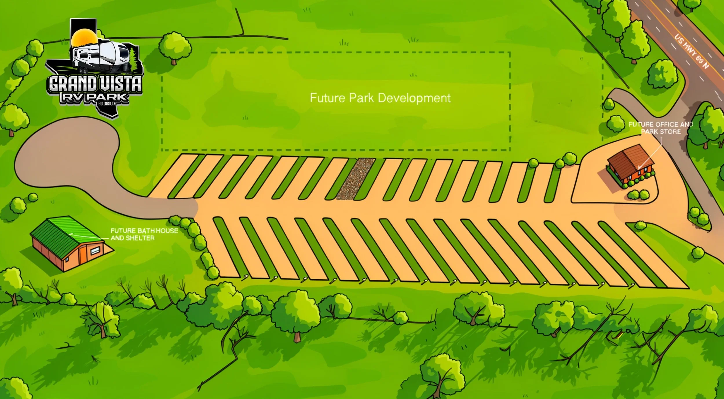 Map of Grand Vista RV Park showing future park development, future office and park store, future bath house and shelter, and parking area with marked spaces, surrounded by trees and green landscape.