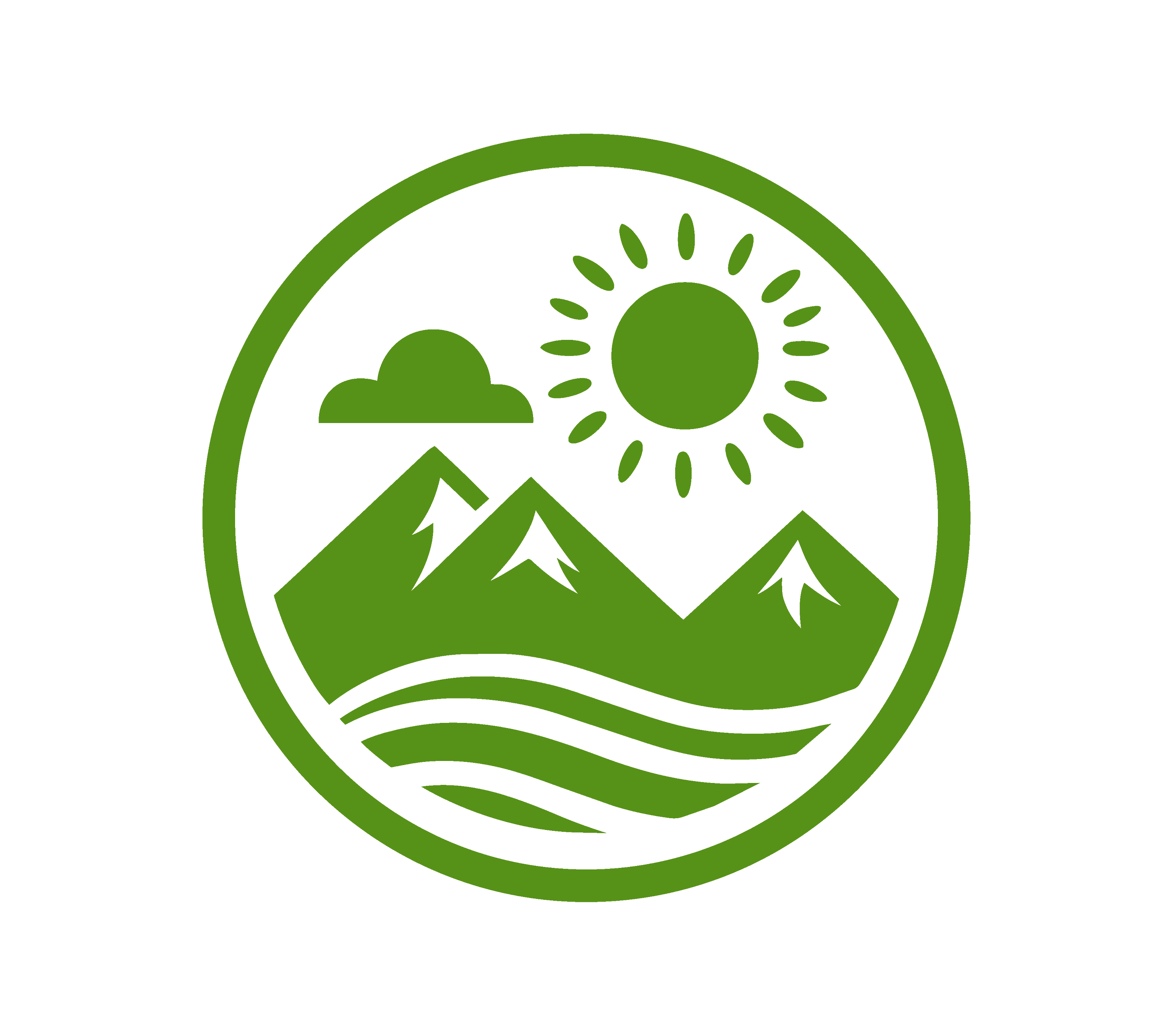 A circular eco-friendly logo featuring mountains, a sun, clouds, and leaves in green outlines.