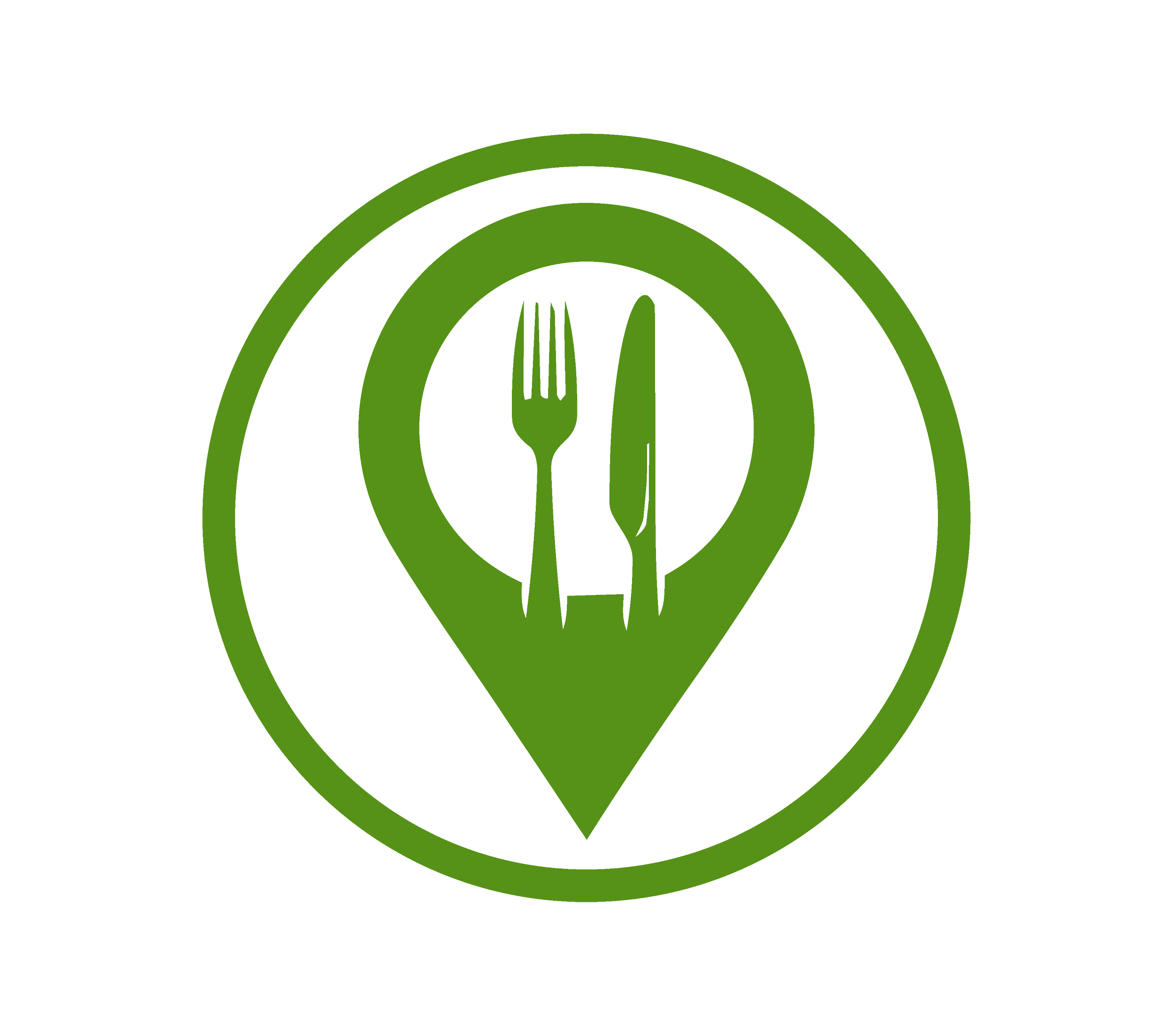 Green circular logo with a fork and knife in the center, surrounded by concentric circles.