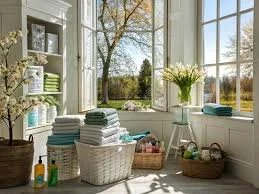 Sunlit laundry room with open windows, laundry baskets, folded towels, and shelves with towels and supplies.