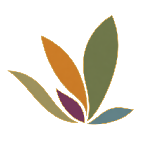 Abstract illustration of colorful, stylized leaves or petals in shades of green, orange, purple, blue, and gold.