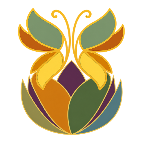 A stylized illustration of a butterfly with colorful wings emerging from a lotus flower with multiple petals.
