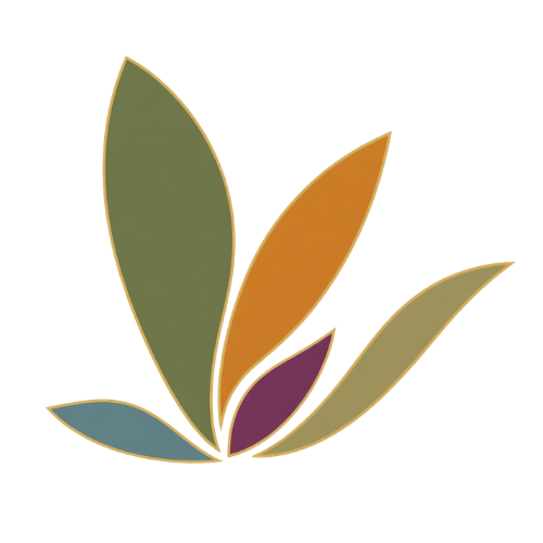 A stylized illustration of colorful leaves in green, orange, gold, purple, and blue colors.