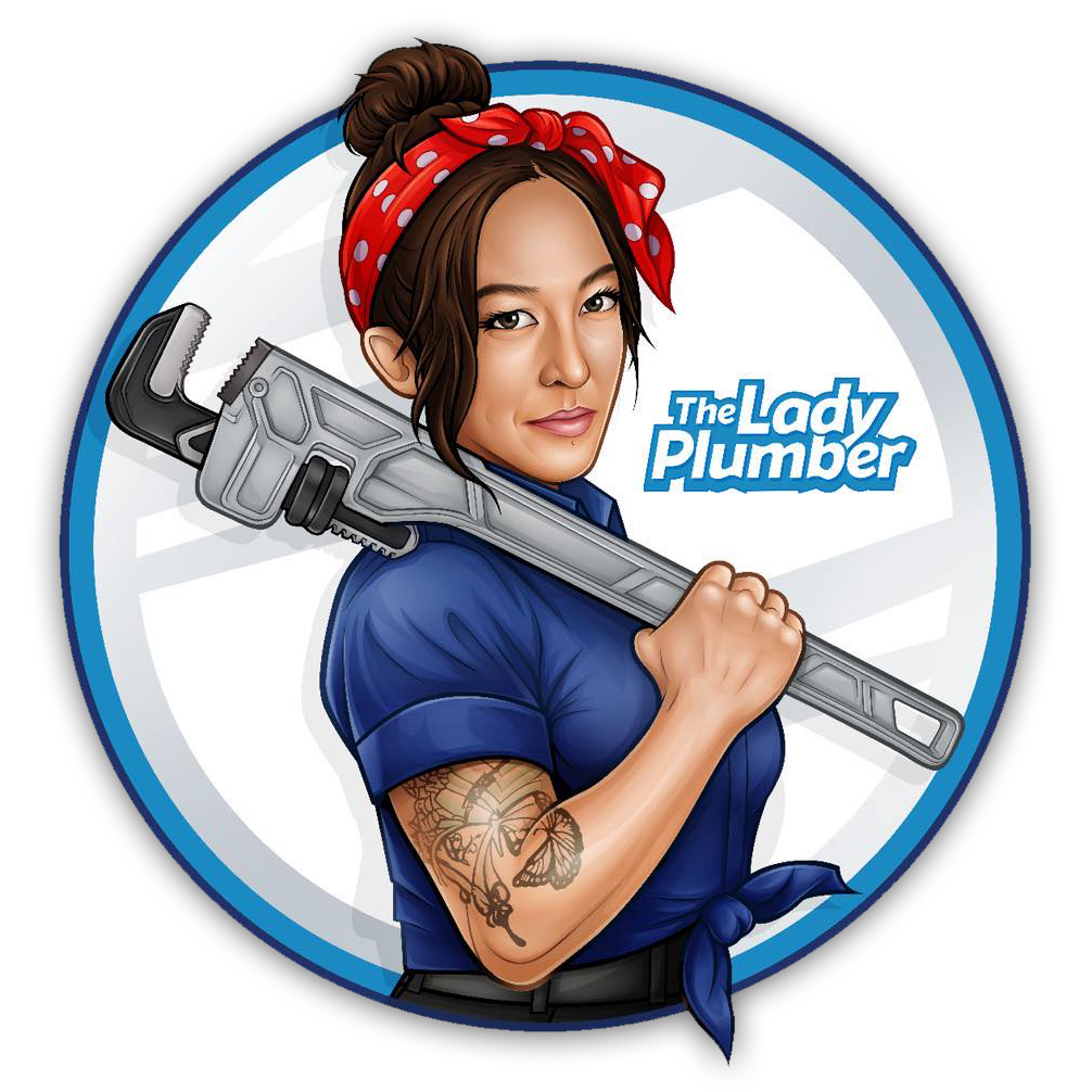 A cartoon woman with a red polka dot headband, brown hair, and a blue uniform holding a large pipe wrench over her shoulder. She has a tattoo on her left arm and a confident expression. The text reads 'The Lady Plumber'.