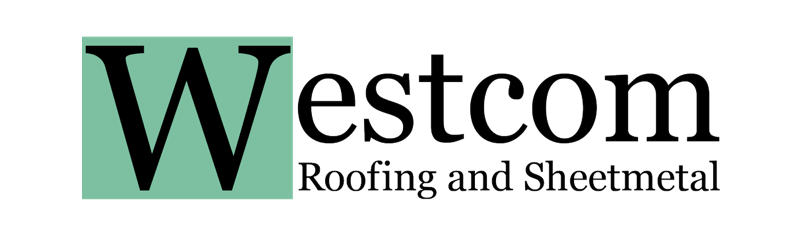 Logo for Westcom Roofing and Sheetmetal, featuring a large green square with a black letter W and black text underneath.