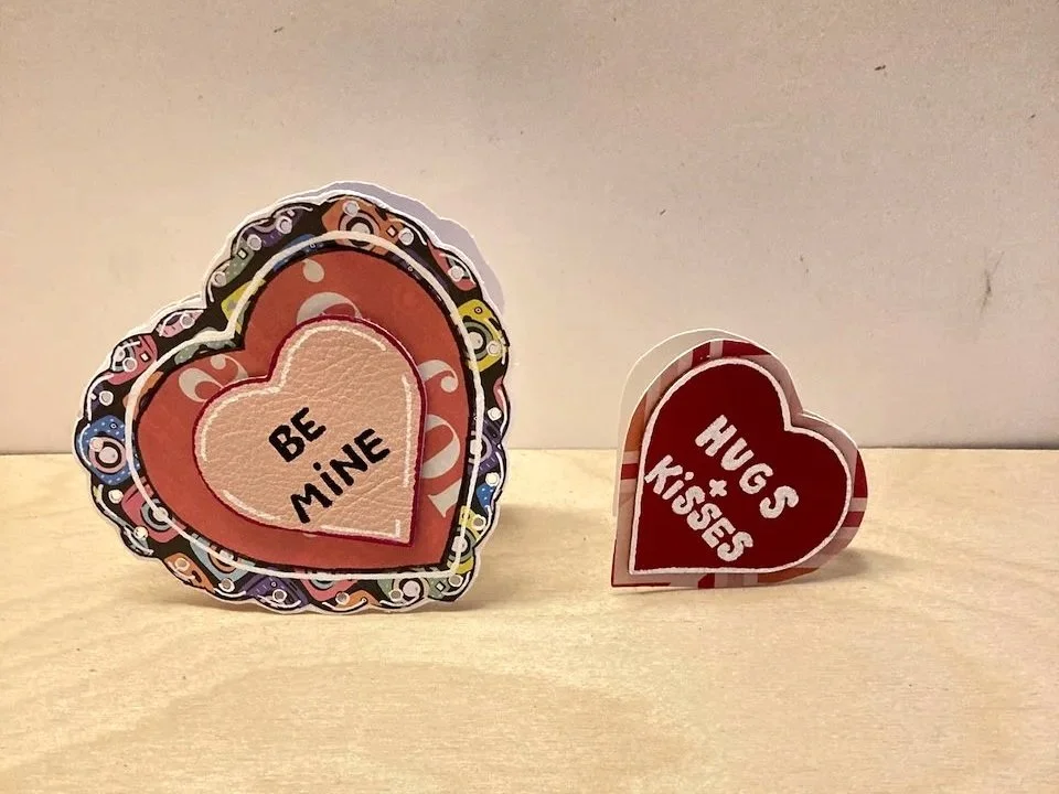 Valentine's decor made from secondhand leather at a Kiki Knows Art workshop.