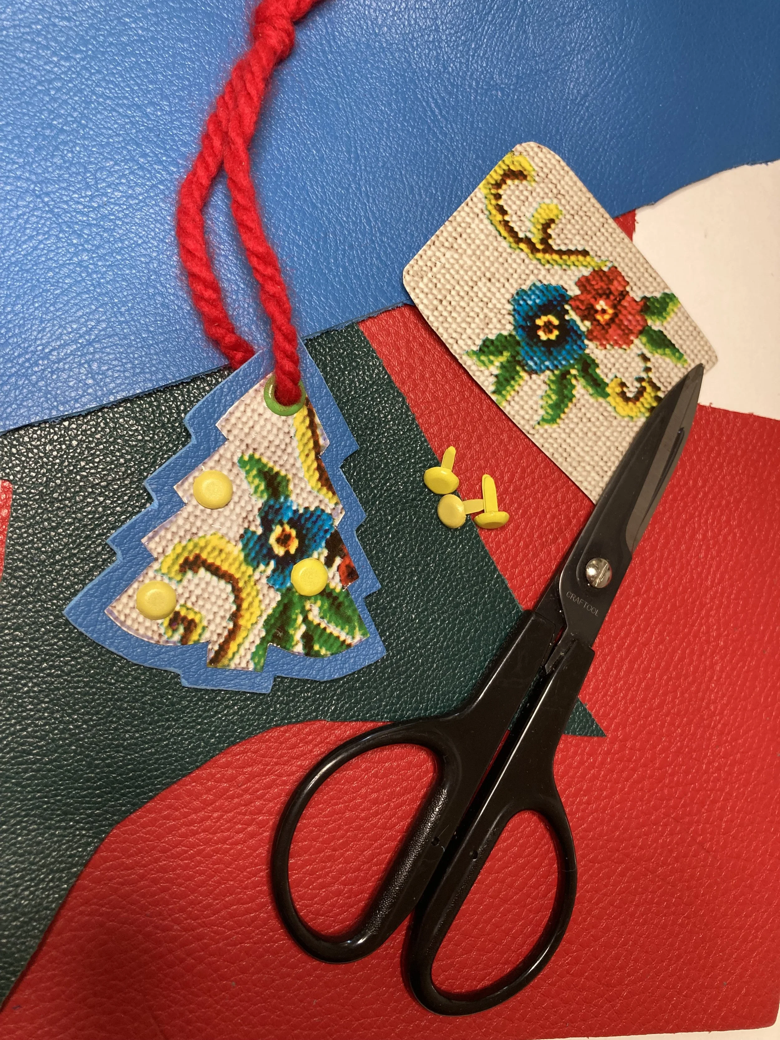 Colorful upcycled Christmas Tree ornament made at a Kiki Knows Art workshop in Dallas.