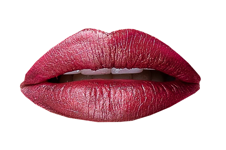 A close-up of red lipstick on lips with slightly parted mouth showing white teeth.
