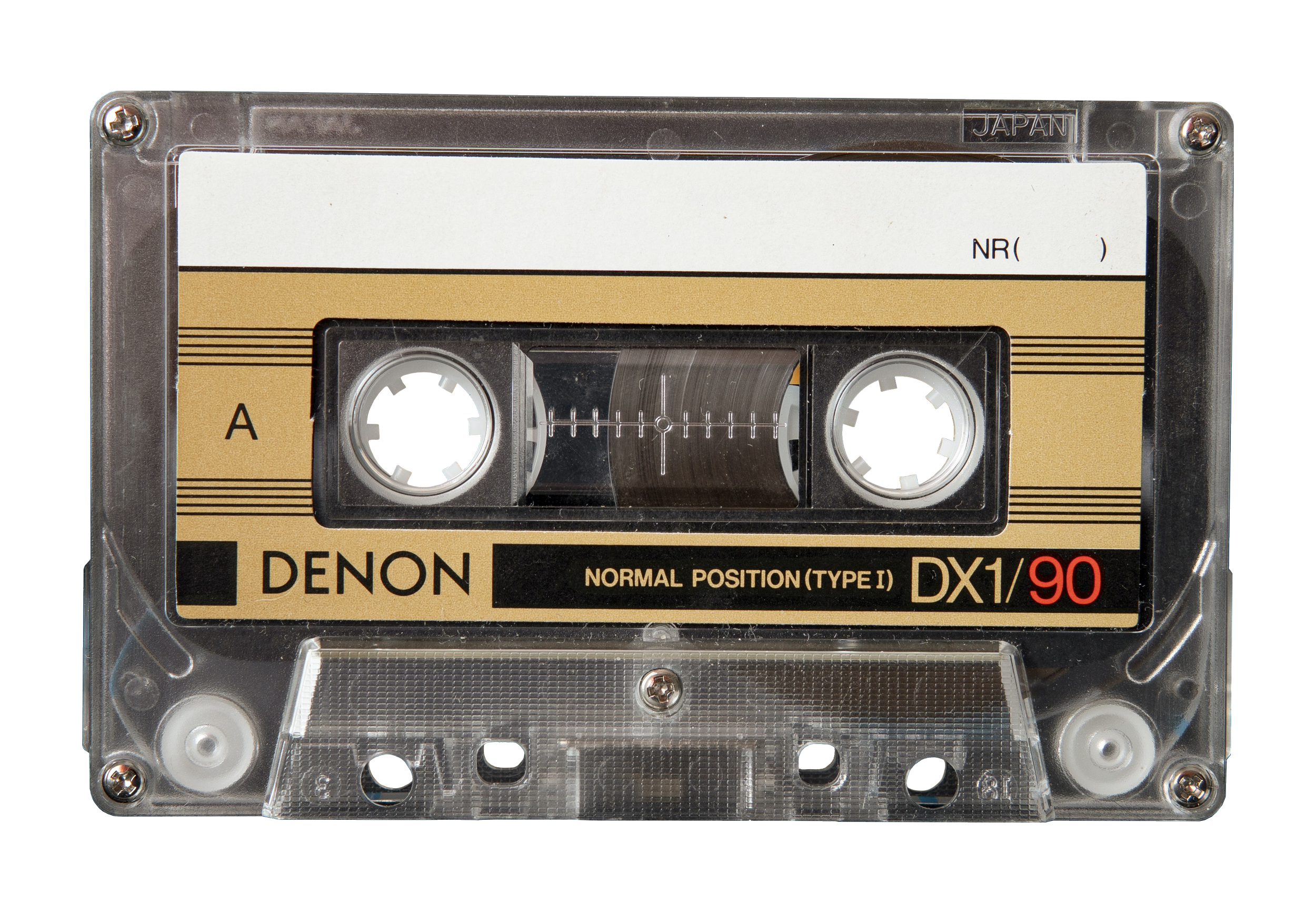 Close-up of a vintage cassette tape with a transparent case, showing the reels and tape inside, labeled 'DENON DX1/90'.
