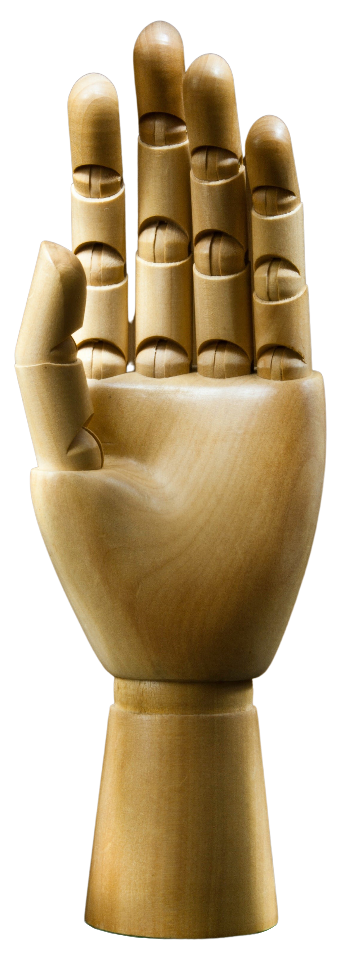 A wooden artist mannequin hand with fingers partially bent and fanned out, positioned vertically against a black background.