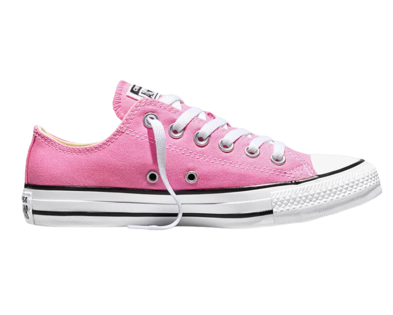 Pink canvas sneaker with white laces, black stripe on sole, and rubber toe cap.
