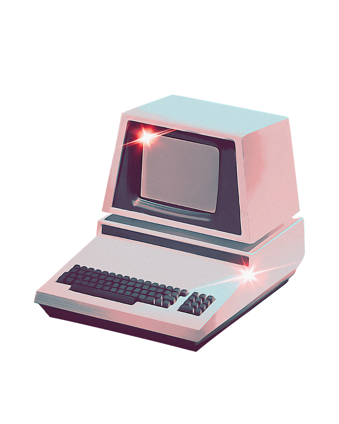 Retro computer with a small monitor, keyboard, and beige casing, viewed from a slightly high angle against a black background.