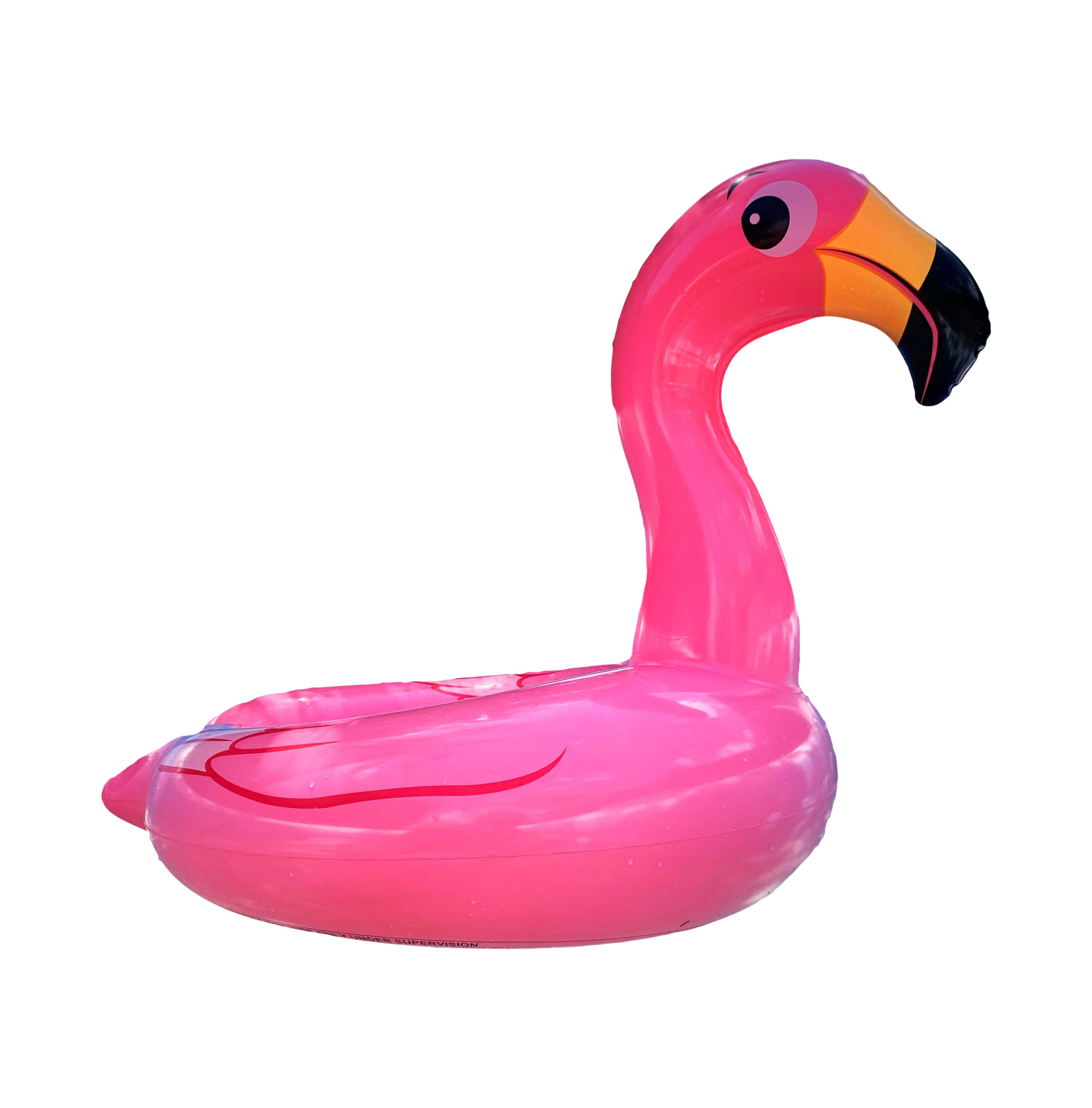 Inflatable pool float shaped like a pink flamingo with a black beak, orange details on the beak, and cartoonish eyes.