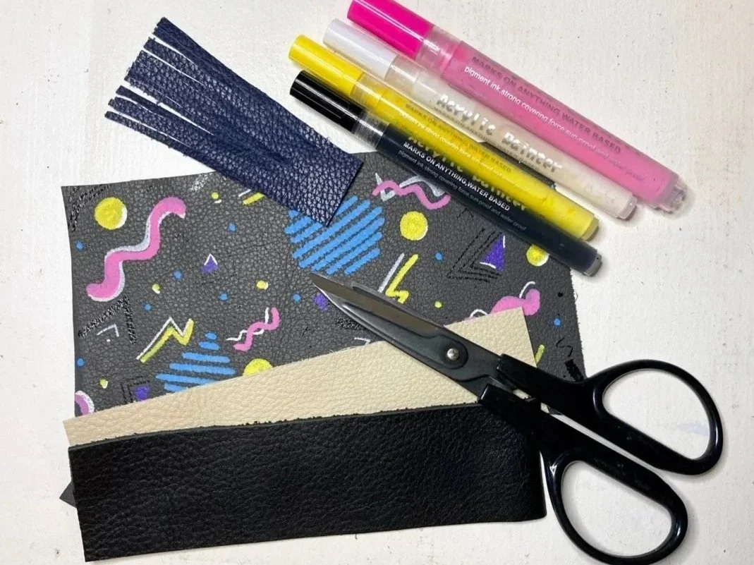 Craft materials for a Kiki Knows Art leather craft workshop.