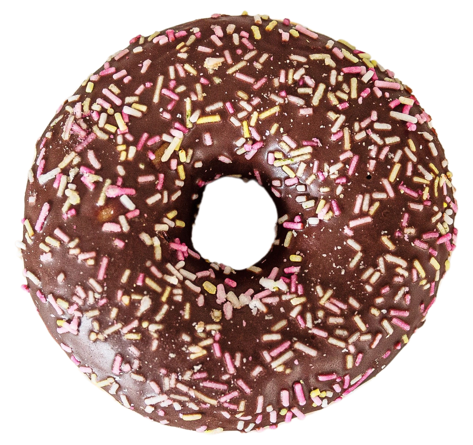 Chocolate donut with pink, yellow, and white sprinkles.