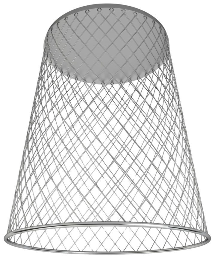 A gray metal trash can turned upside down, with a crisscross lattice pattern, open at the bottom.